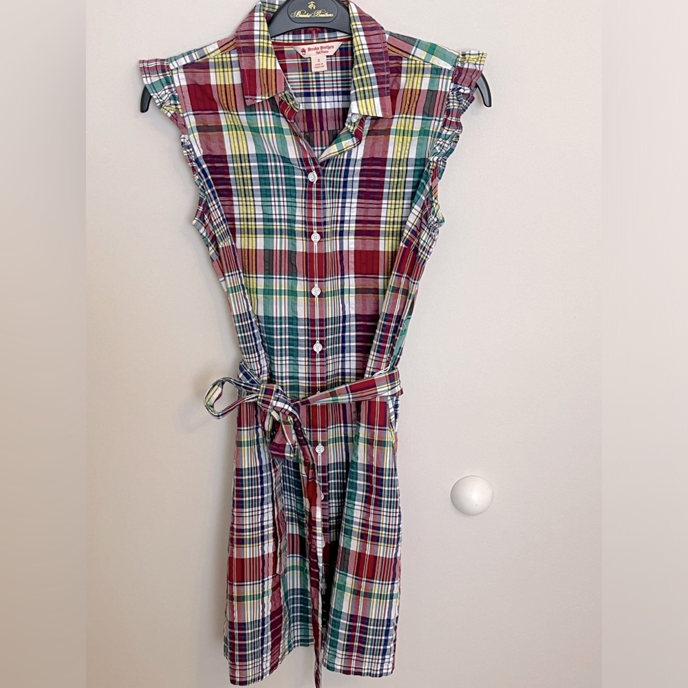 Brooks Brothers Red Fleece Seersucker Plaid Belted Cap Sleeve Shirt Dress Size 0